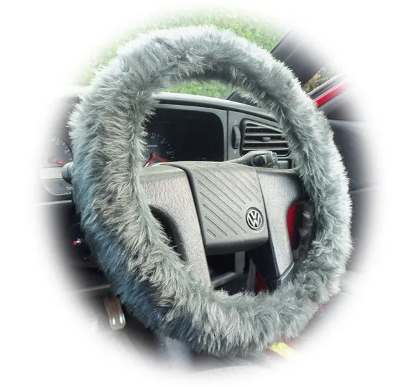 Dark Grey fluffy steering wheel cover and matching faux fur seatbelt pads