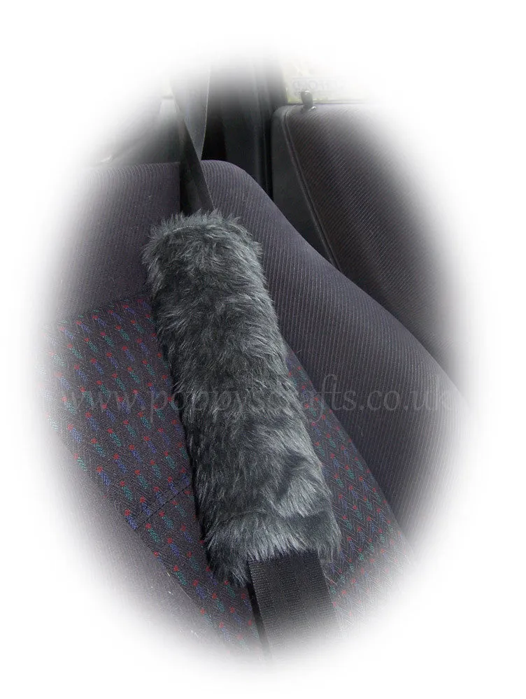 Dark Grey fluffy steering wheel cover and matching faux fur seatbelt pads