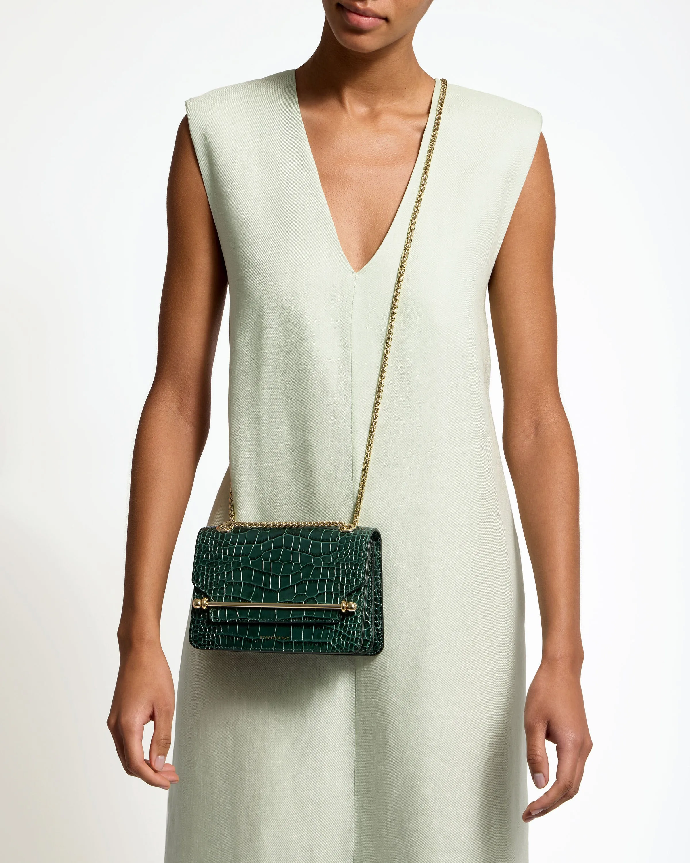 East/West Mini - Croc-Embossed Leather Bottle Green