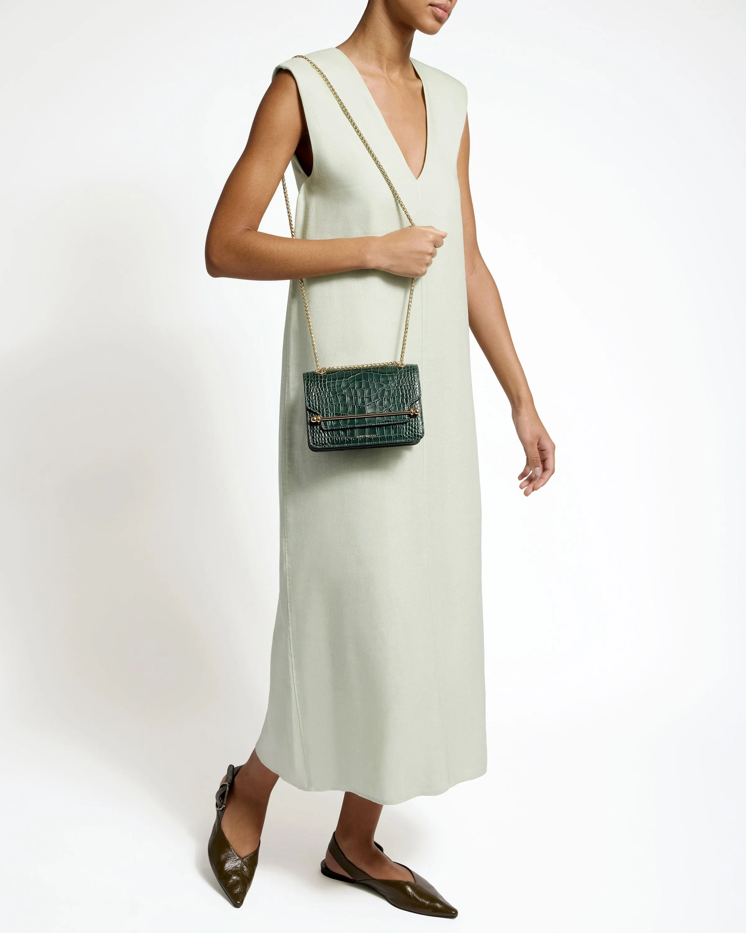 East/West Mini - Croc-Embossed Leather Bottle Green