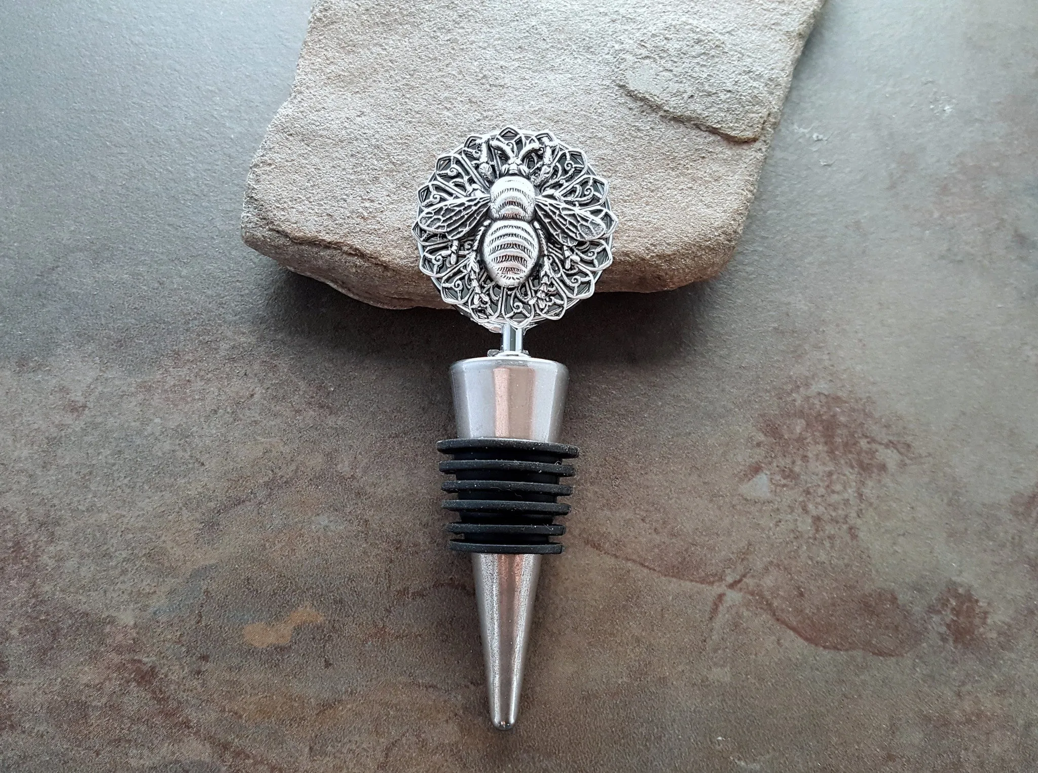 Handmade Oxidized Silver Bee Wine Bottle Stopper