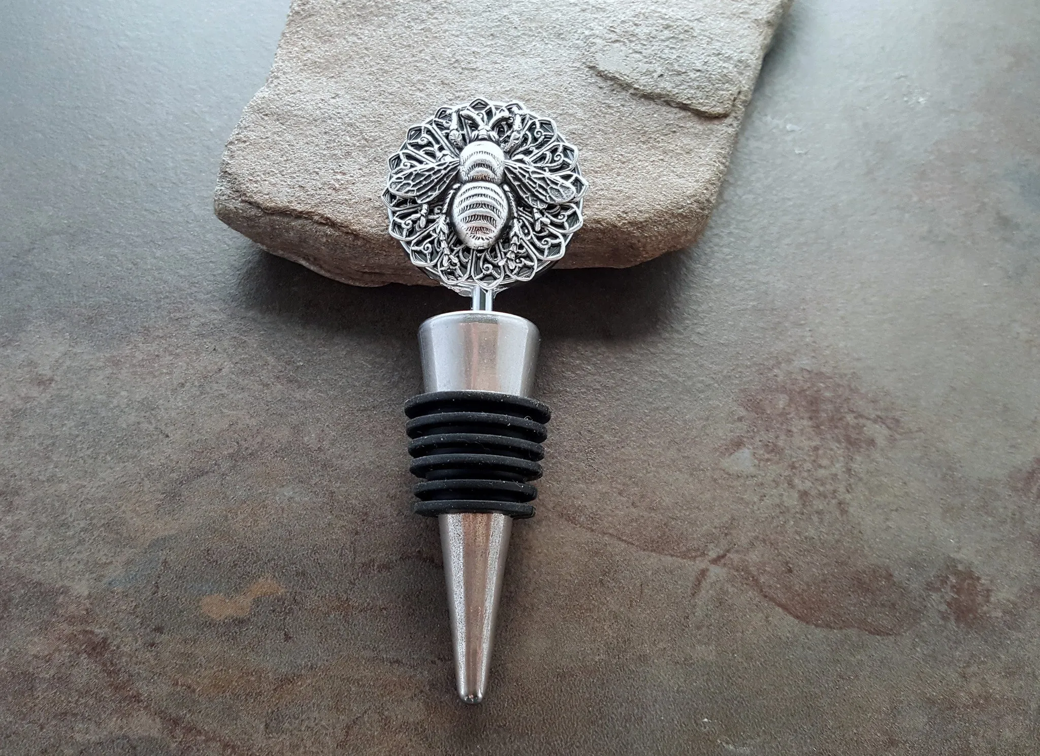 Handmade Oxidized Silver Bee Wine Bottle Stopper
