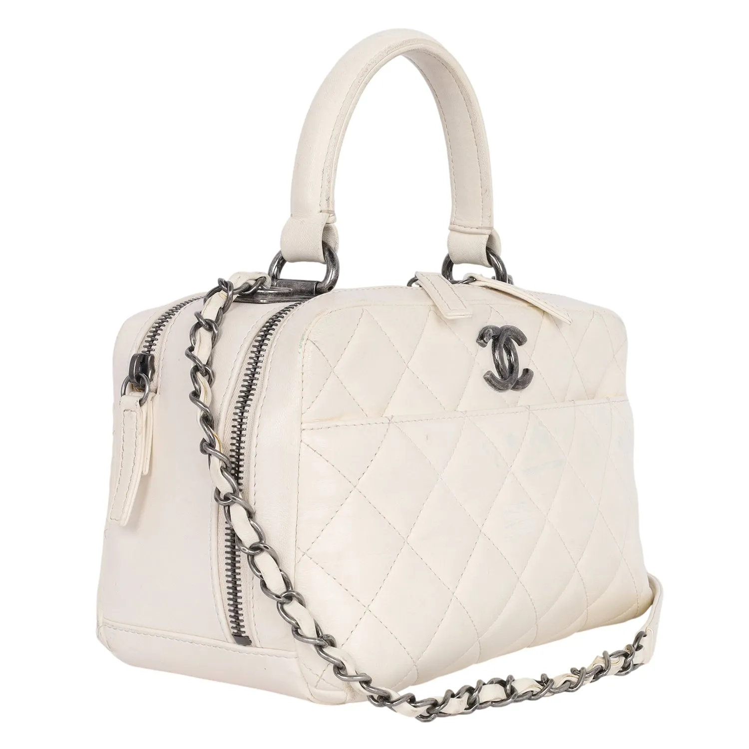 Lambskin Quilted Top Handle Vanity Case White (Authentic Pre-Owned)