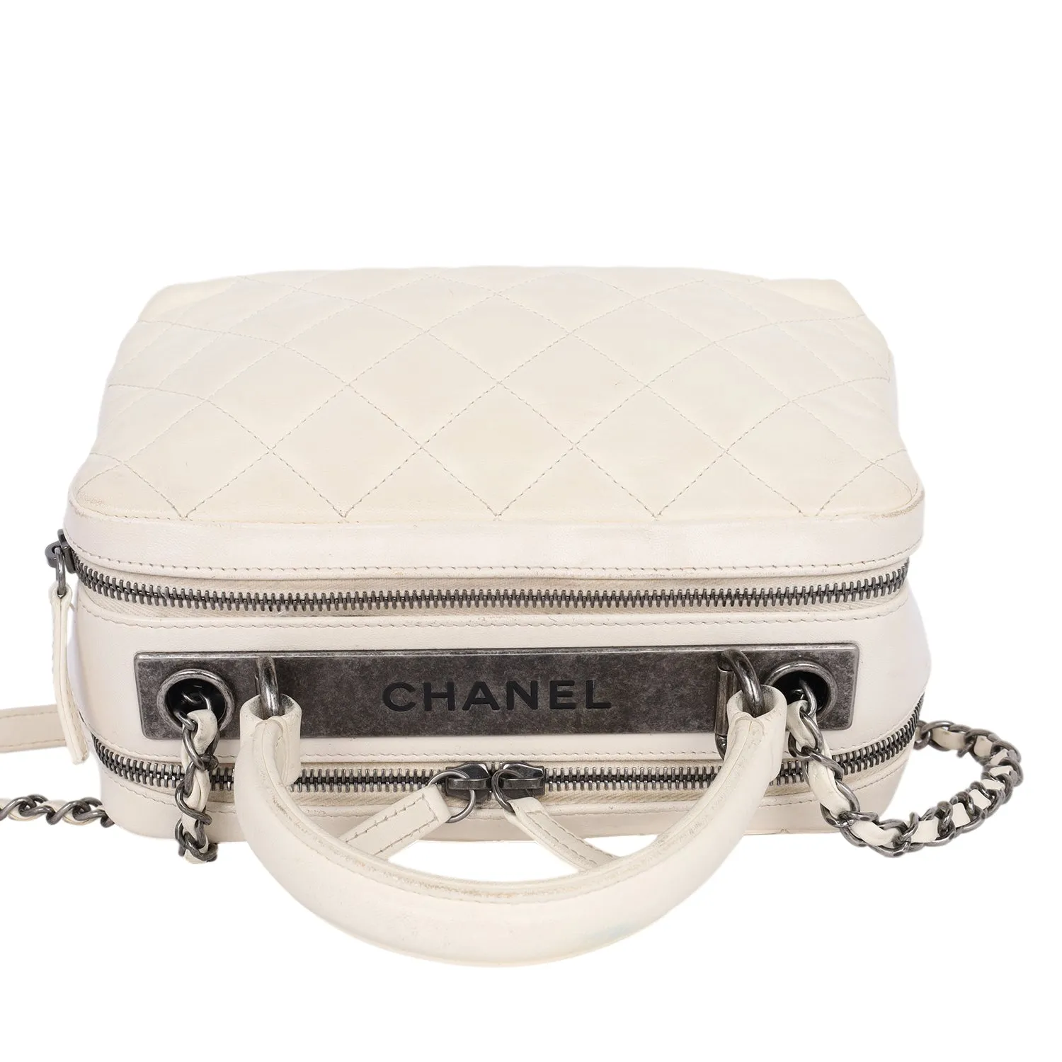 Lambskin Quilted Top Handle Vanity Case White (Authentic Pre-Owned)