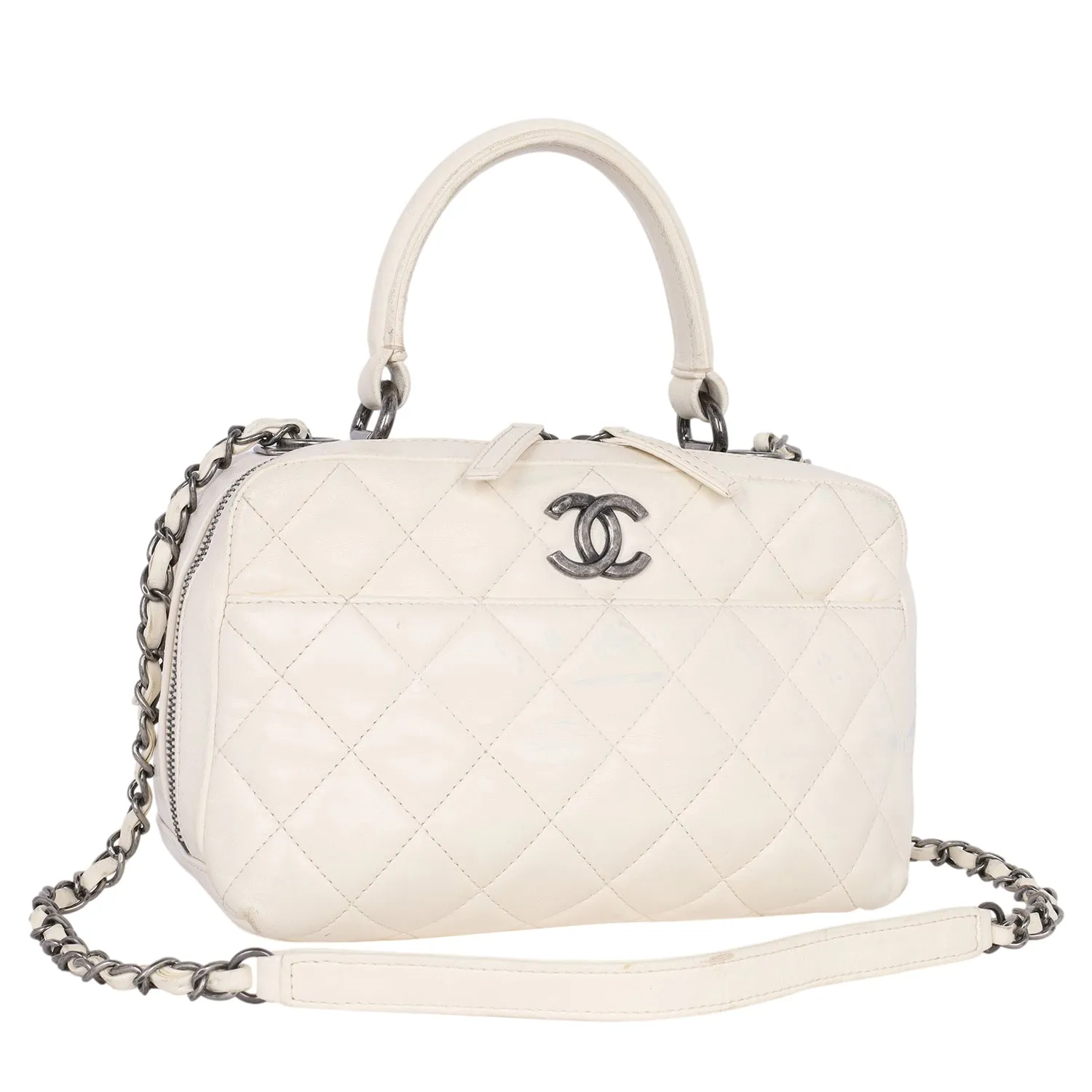 Lambskin Quilted Top Handle Vanity Case White (Authentic Pre-Owned)