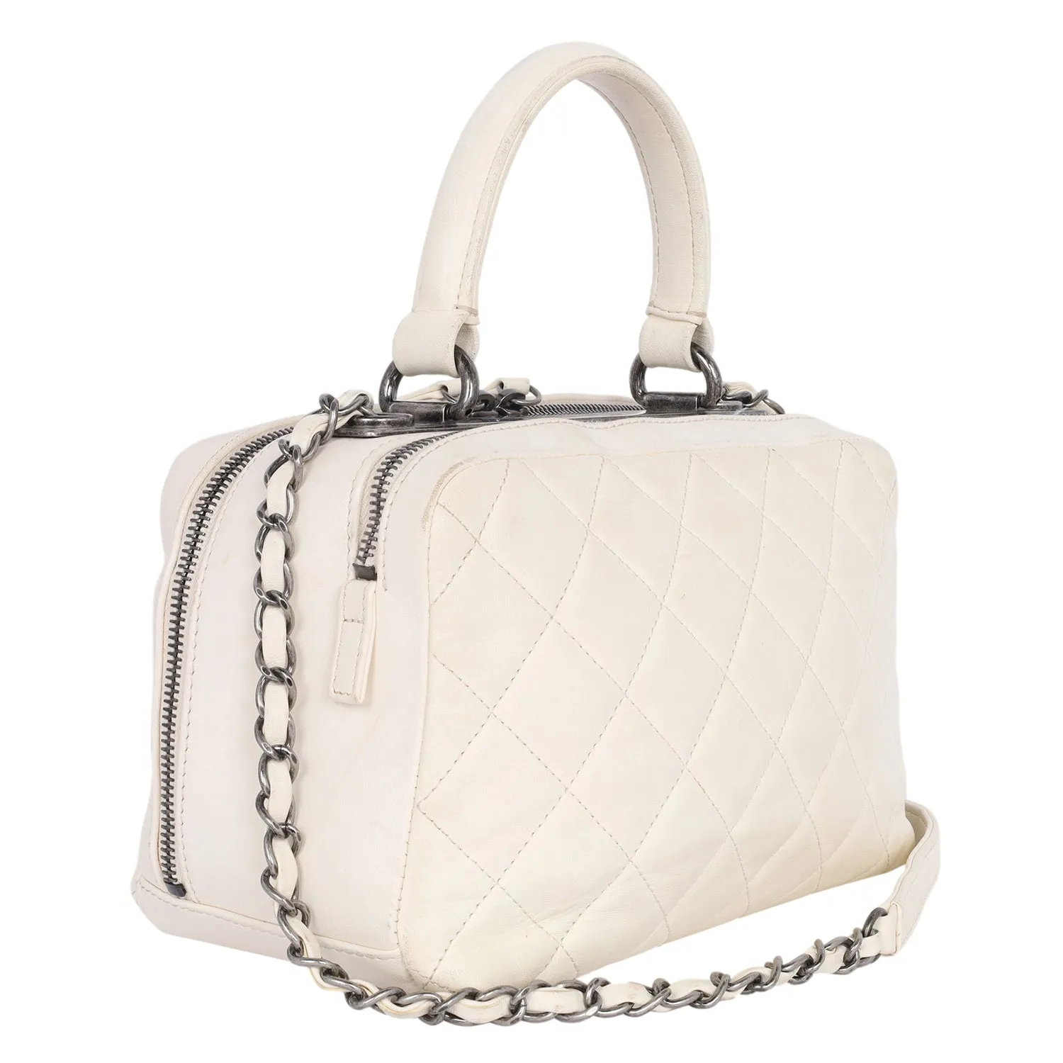 Lambskin Quilted Top Handle Vanity Case White (Authentic Pre-Owned)