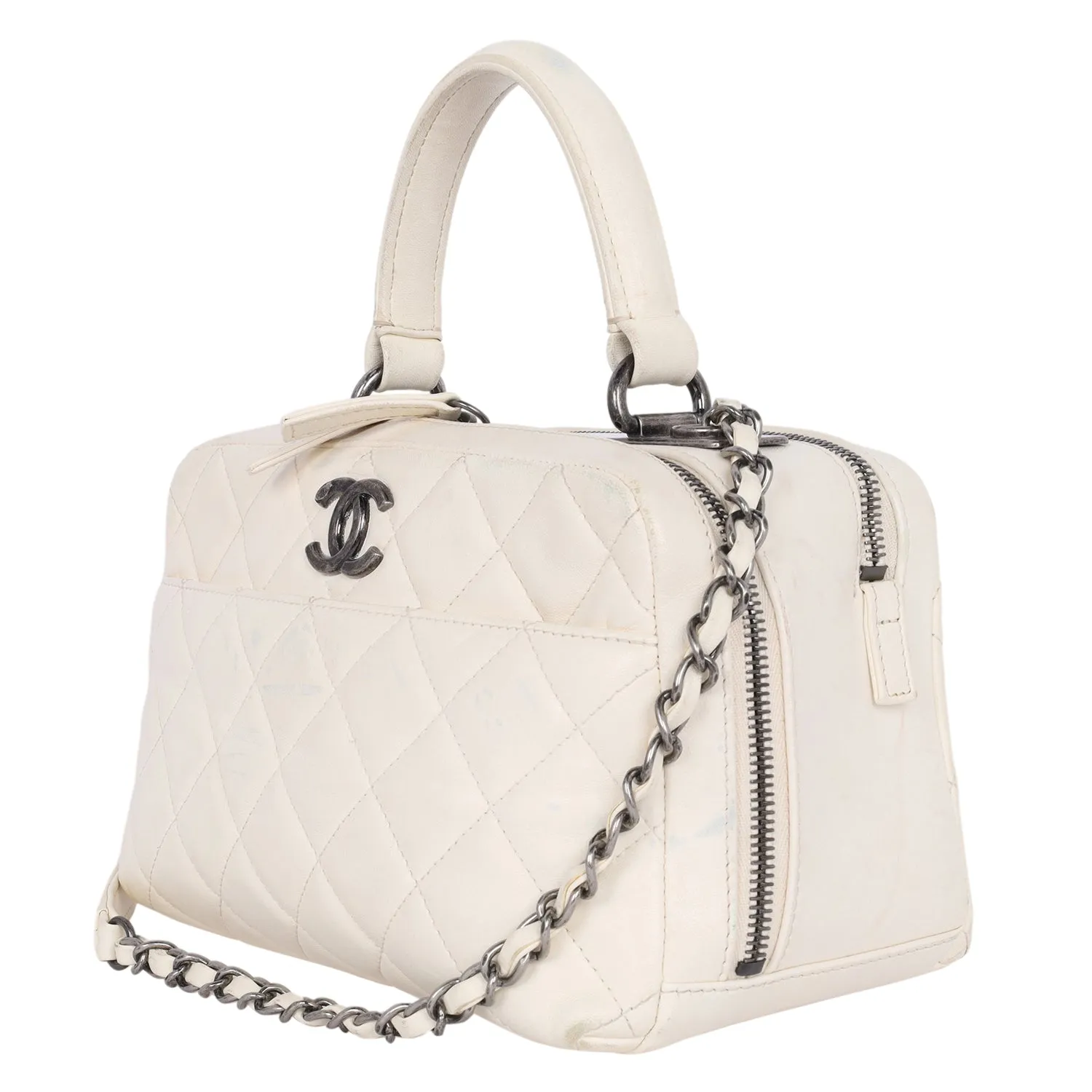 Lambskin Quilted Top Handle Vanity Case White (Authentic Pre-Owned)