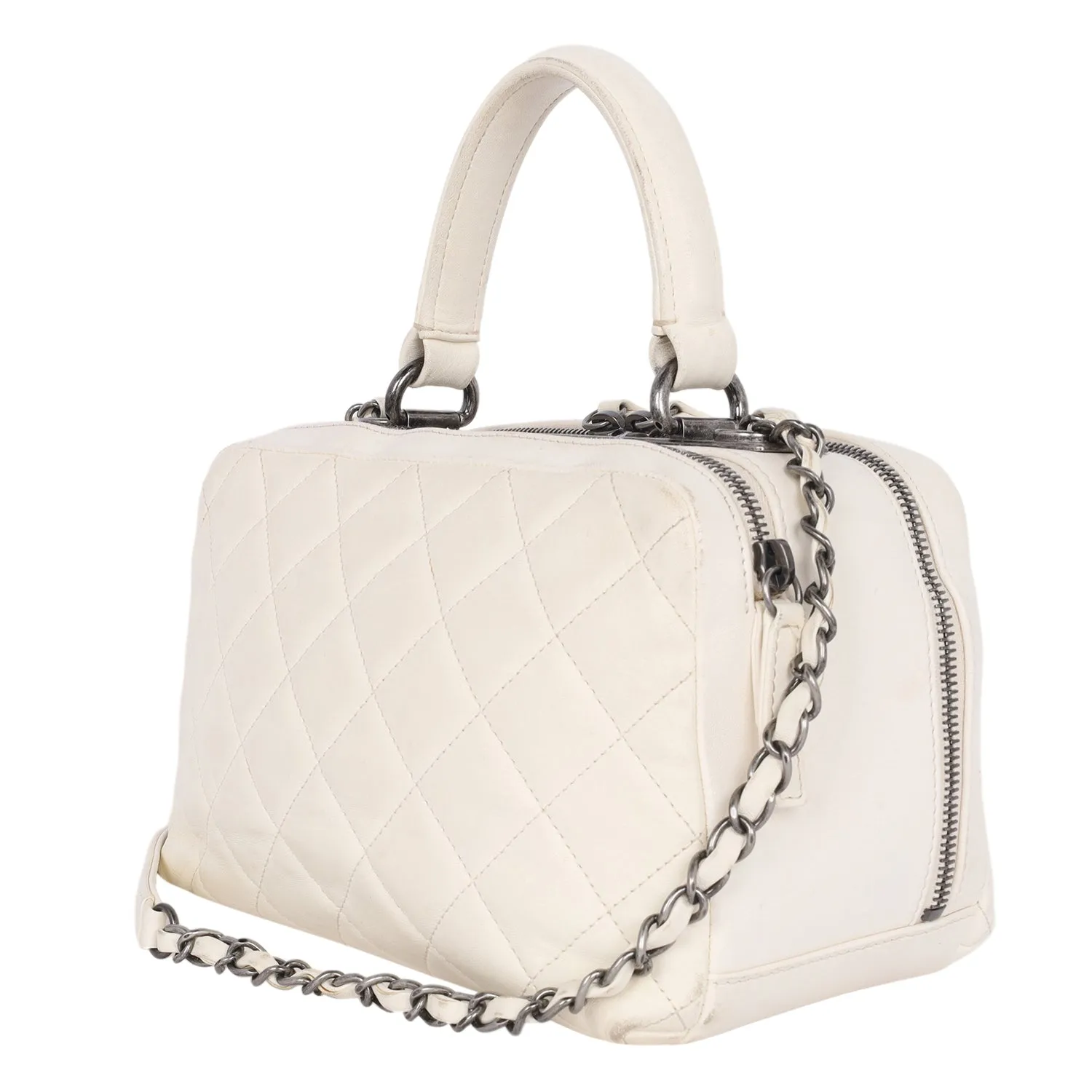 Lambskin Quilted Top Handle Vanity Case White (Authentic Pre-Owned)