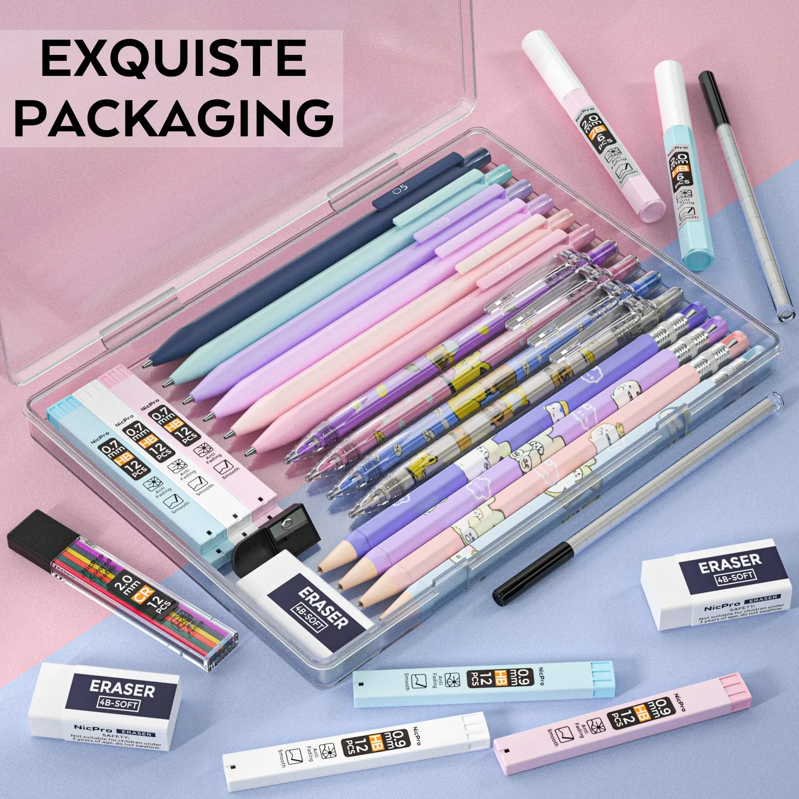 Nicpro 14 PCS Pastel Mechanical Pencil Set in Case, Cute Art Pencils Bulk 0.5 & 0.7 & 0.9 mm & 2mm Graphite Lead Holder, (2B HB Colors) Lead Refills, Erasers For School Drafting Sketching Drawing