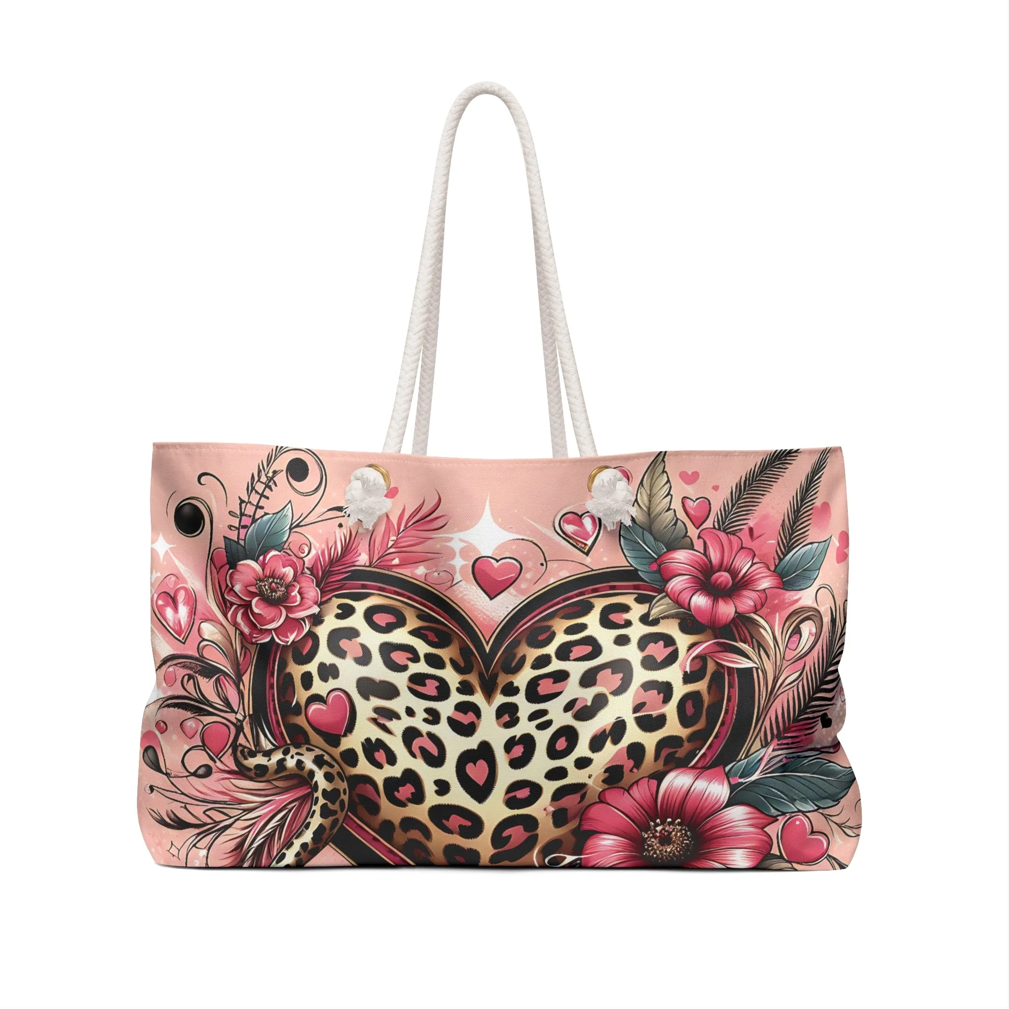Personalised/Non-Personalised Weekender Bag, Leopard Print Heart, Large Weekender Bag, Beach Bag, Book Bag