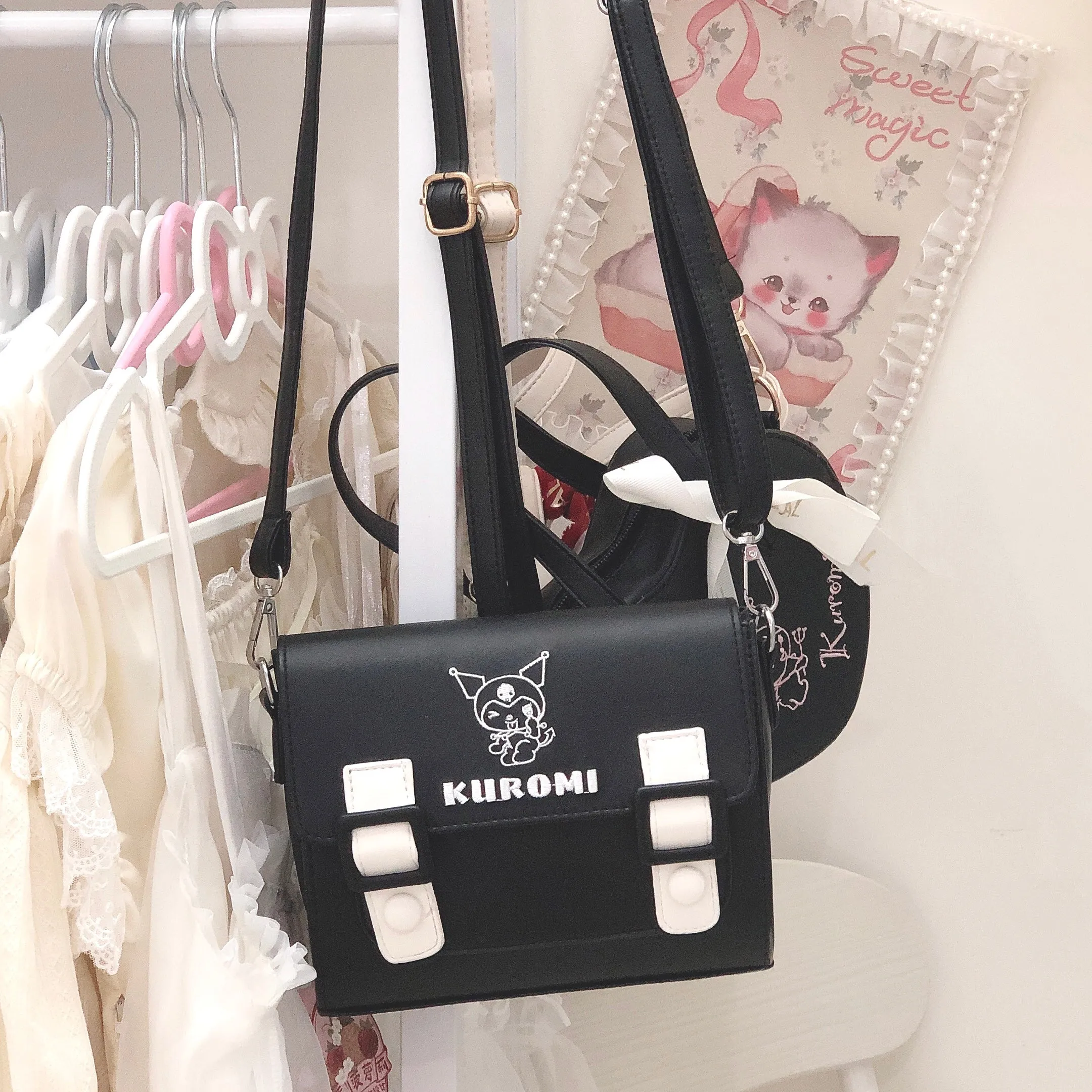 Embroidered Stripe Messenger Bag with Purple Devil and Cinnamon Dog Design on Shoulder Strap