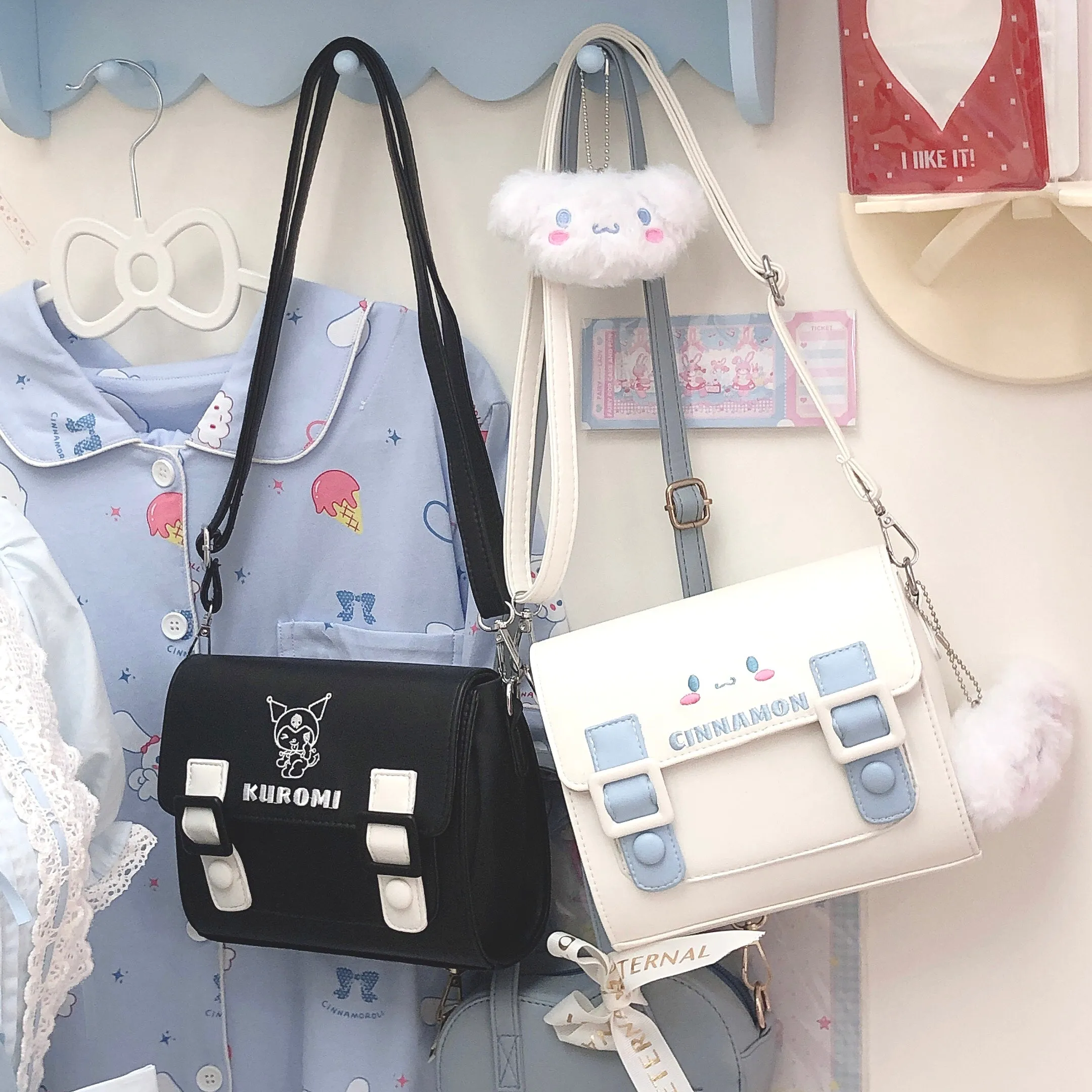 Embroidered Stripe Messenger Bag with Purple Devil and Cinnamon Dog Design on Shoulder Strap
