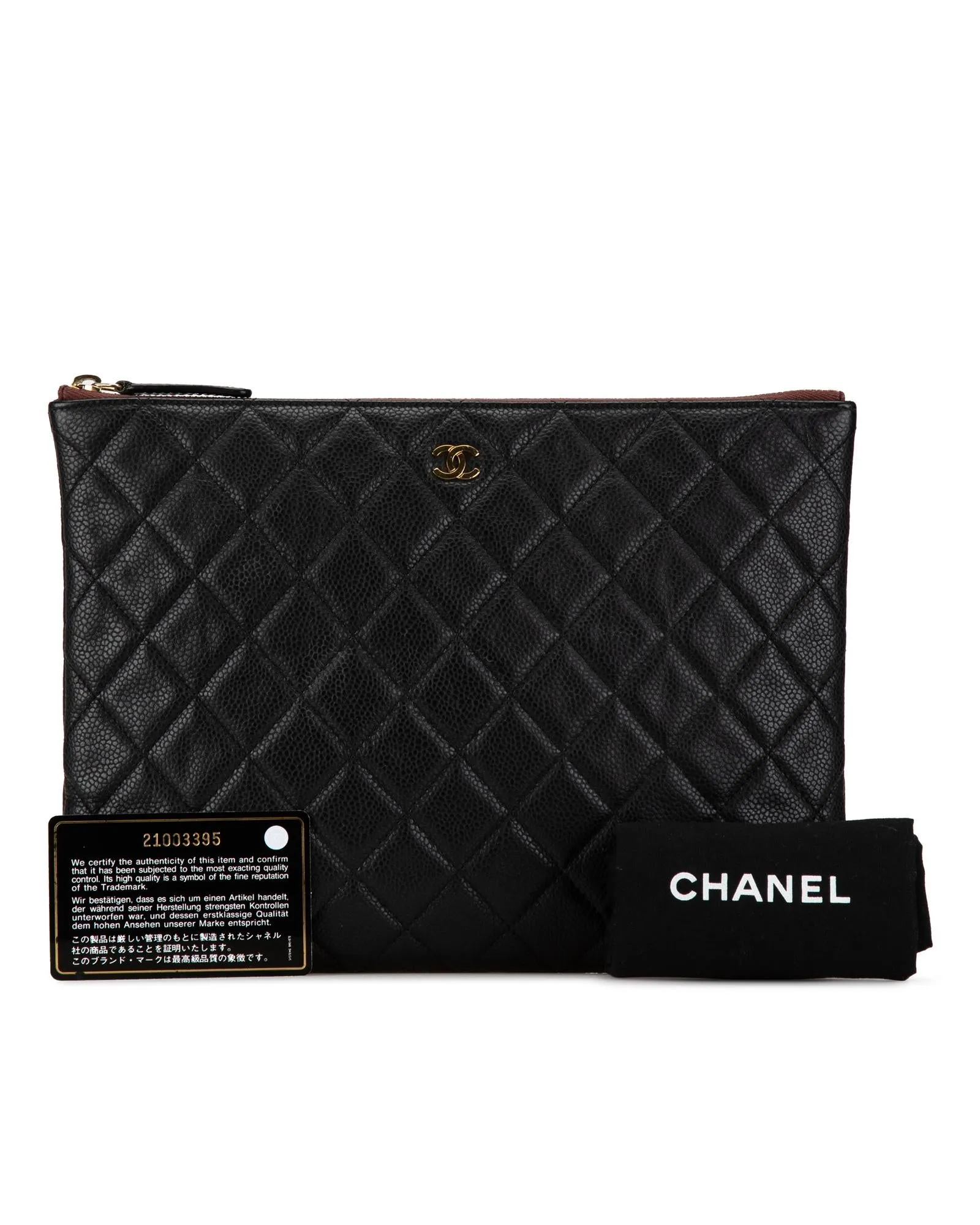 Quilted Caviar Leather Clutch with Zip Closure and Pockets
