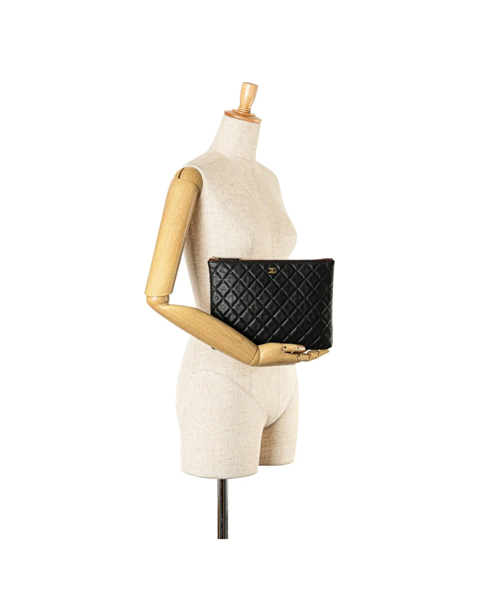 Quilted Caviar Leather Clutch with Zip Closure and Pockets
